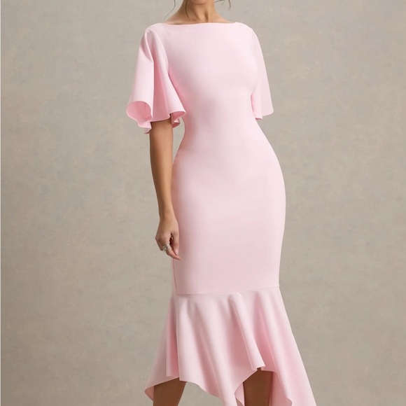 CLUB L LONDON Ashling Pink Flutter Sleeve Hanky Hem MIDI Dress BNWT size 8 US - Picture 5 of 16